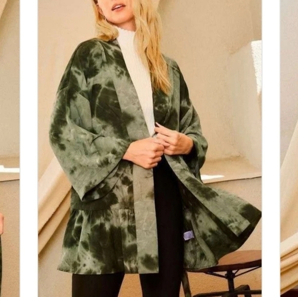 Olive Green Drop Shoulder Tie Dye Boho Open Kimono Lightweight Jacket Robe - Picture 9 of 11